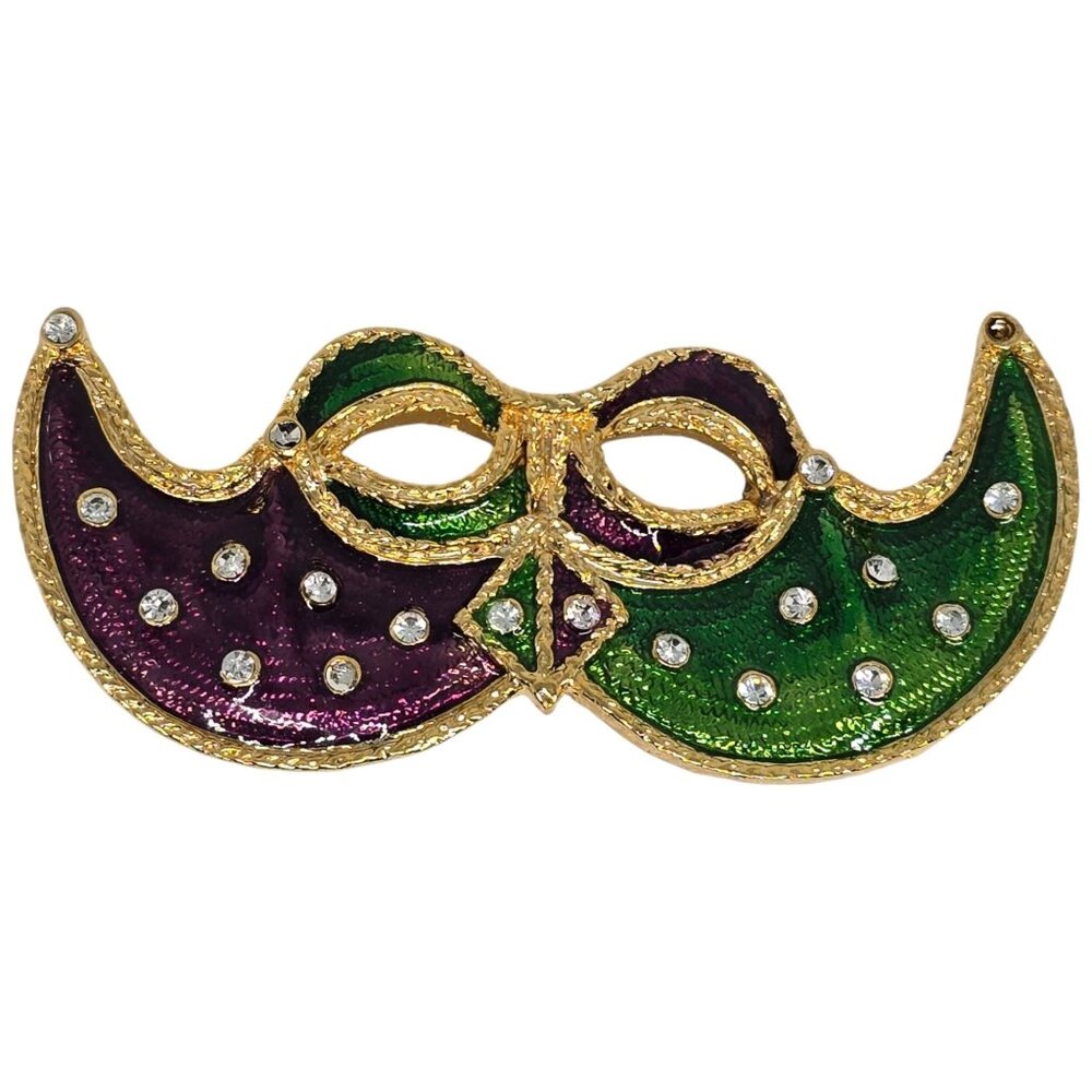 Monet Enamel Masquerade‎ Mask Brooch Purple Green Rhinestone Gold Tone